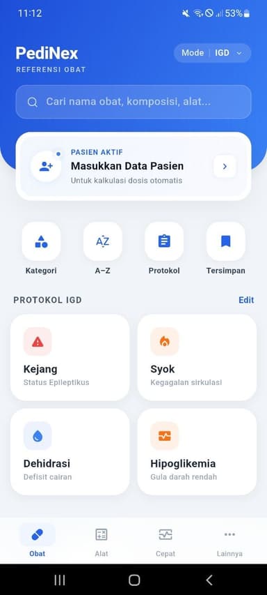 Beranda aplikasi PediNex: cari obat, masukkan data pasien, dan protokol IGD