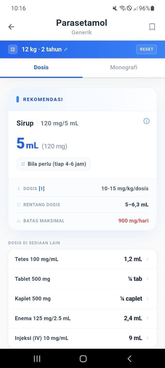 PediNex dose calculation result for Parasetamol — 12 kg child